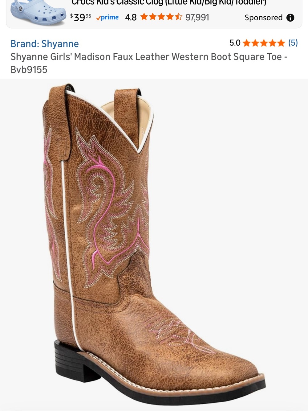 Shyanne Madison Brown Faux Leather Western Boot Square Toe with Pink Stitching